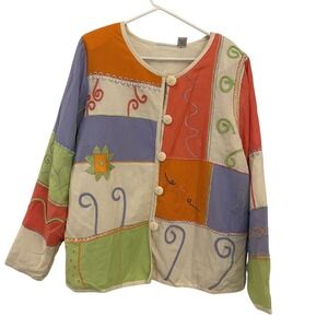 Nouveau Monde Patchwork Embroidered Linen Rayon Jacket Multi-Color XL